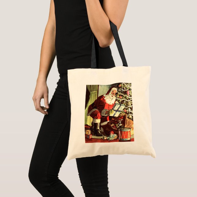 Bolsa Tote Natal Antigo, Papai Noel Retrô com Presentes (Frente (produto))