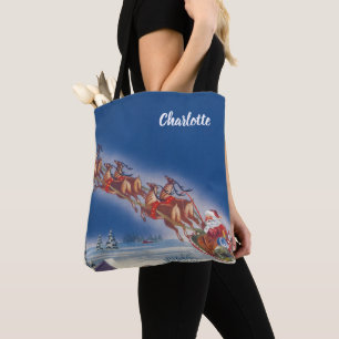Bolsa Tote Natal Antigo, Papai Noel Voando com Trenó e Rena