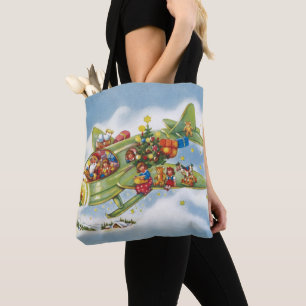 Bolsa Tote Natal Antigo, Papai Noel Voando em um Avião