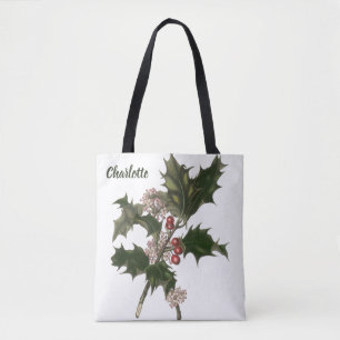 Bolsa Tote Natal Antigo, Planta de Azevinho com Bagas Vermelh