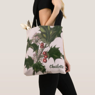 Bolsa Tote Natal Antigo, Planta de Azevinho com Bagas Vermelh