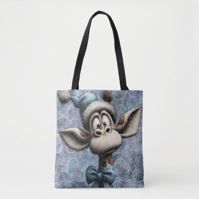 Bolsa Tote Natal Azul de Inverno Girafa Fofa Com Chapéu (Frente)