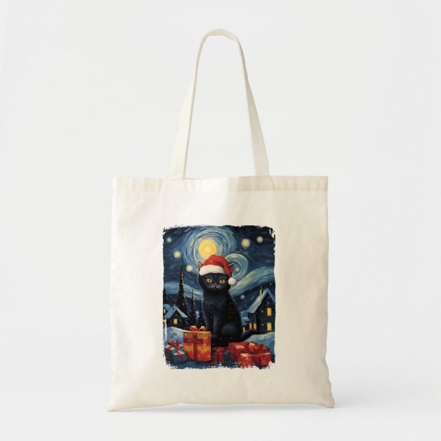 Bolsa Tote Natal Black Cat Starry Night Van Gogh Retro Ca (Frente)
