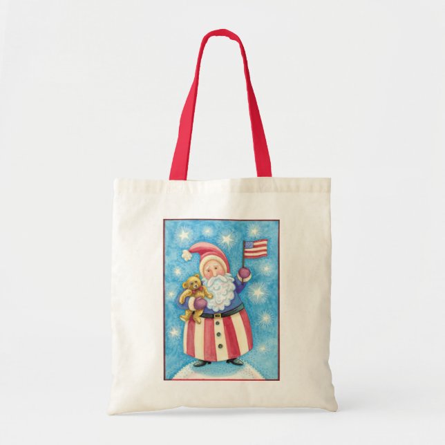 Bolsa Tote Natal bonito, Papai Noel Patriótico com Bandeira (Frente)