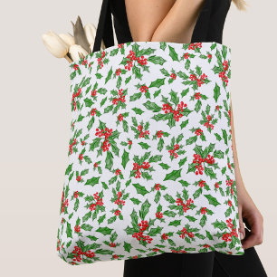 Bolsa Tote Natal Branco folhas de azevinho verdes bagas verme