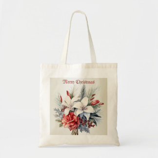Bolsa Tote Natal Branco Vermelho Flores Feriados Elegante