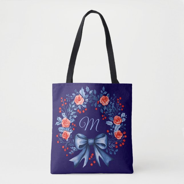 Bolsa Tote Natal da Rosa vermelha Azul do Monograma (Frente)
