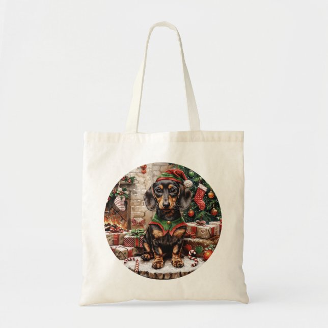 Bolsa Tote Natal Dachshund Dogs Elf (Frente)