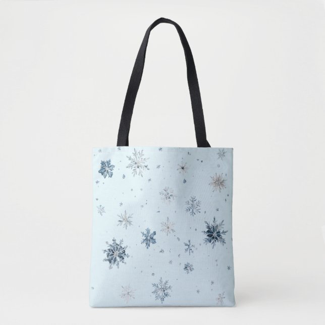 Bolsa Tote Natal de Flocos de Neve Azuis (Frente)