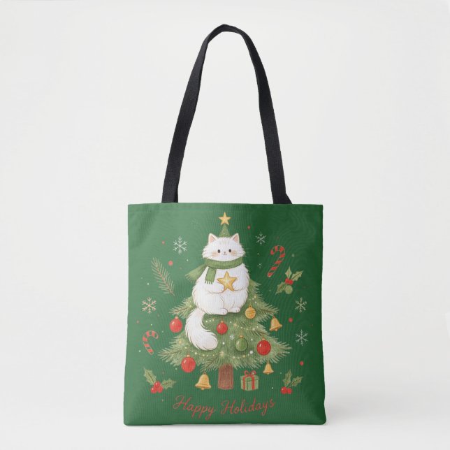 Bolsa Tote Natal de Gatinho Branco Fofo (Frente)
