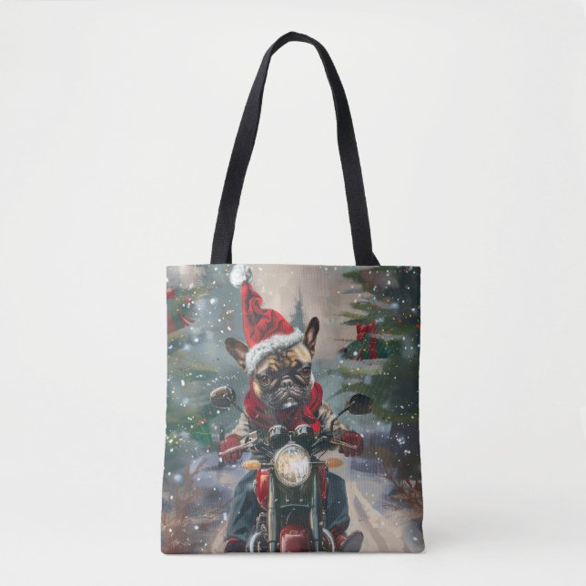 Bolsa Tote Natal do Buldogue Francês Andando Motocicleta (Frente)