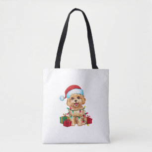 Bolsa Tote Natal do Cão Maltipoo Santa Hat Lighting