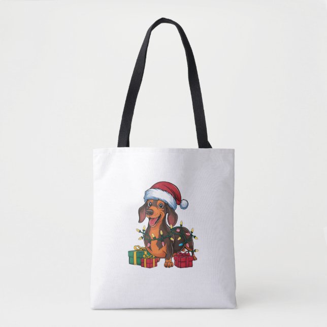 Bolsa Tote Natal do Dachshund Dog do Santa Hat Lighting (Frente)