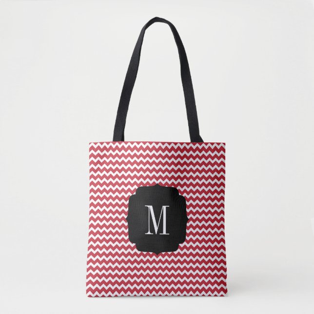 Bolsa Tote Natal do Monograma Red Chevron (Frente)