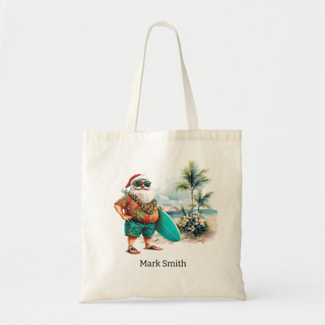 Bolsa Tote Natal em julho com Papai Noel em Praia (Frente)