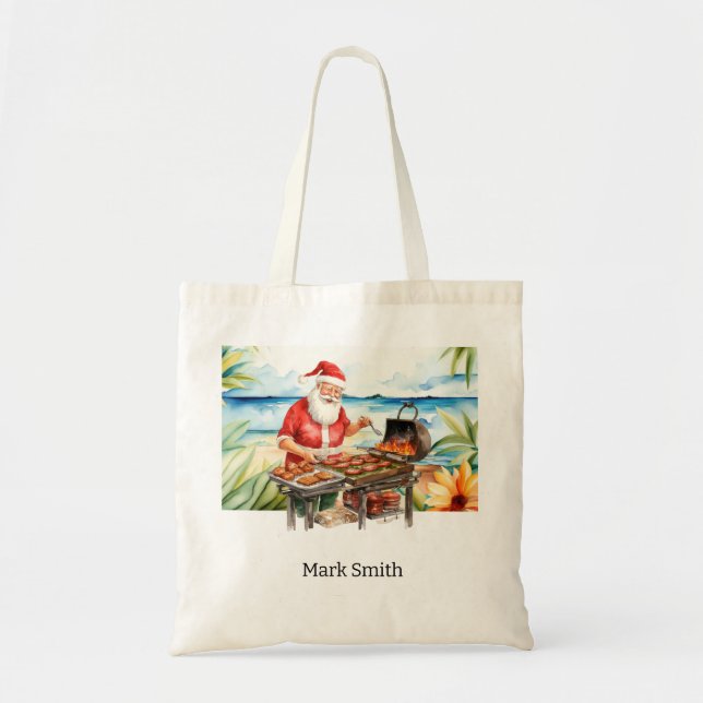 Bolsa Tote Natal em julho com Papai Noel em Praia (Frente)