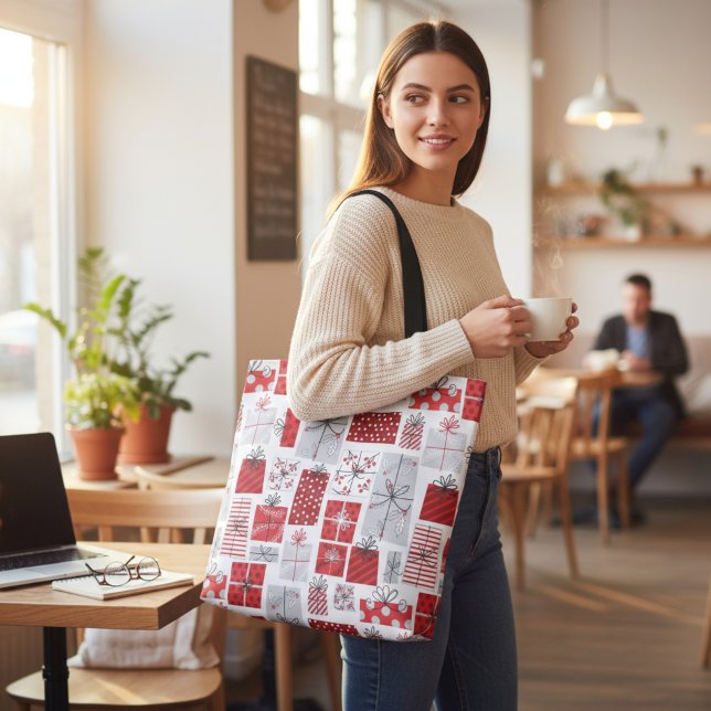 Bolsa Tote Natal Férias Red Silver Modern Dons Festivos (Criador carregado)