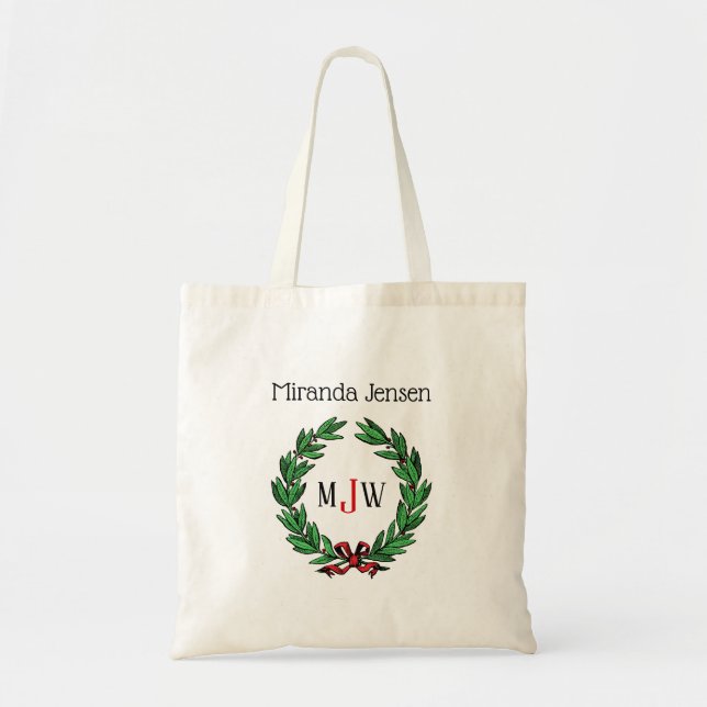 Bolsa Tote Natal Festivo Xmas Holly Wreath Monograma (Frente)