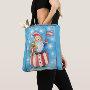 Bolsa Tote Natal Fofo, Papai Noel Patriota com Bandeira