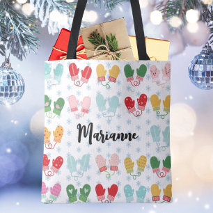 Bolsa Tote Natal Mittens Snowflakes Nome de Script Na moda