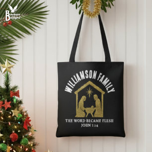 Bolsa Tote Natal Personalizado com Brilho Cristão Família Gli