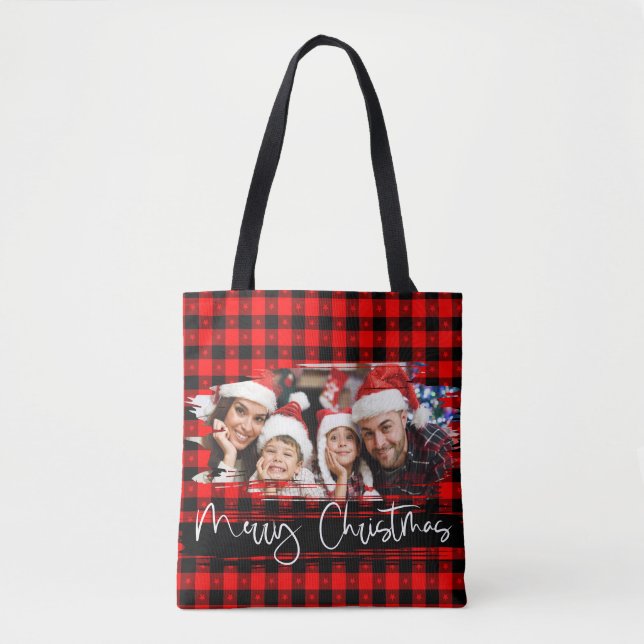 Bolsa Tote Natal Personalizado da Xadrez Buffalo Grunge (Frente)