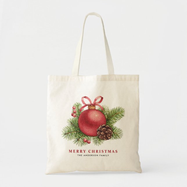 Bolsa Tote Natal Personalizado do Ornamento de Bola Vermelha  (Frente)