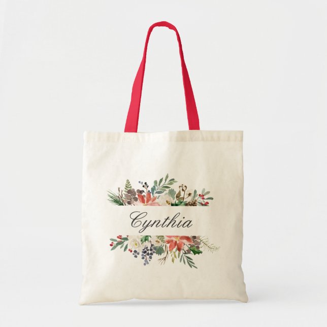 Bolsa Tote Natal Poinsettia Ivory Red Winter Floral (Frente)