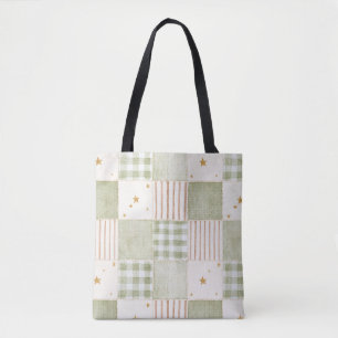 Bolsa Tote Natal Remendos Listras Estrelas Verde Menta Dourad