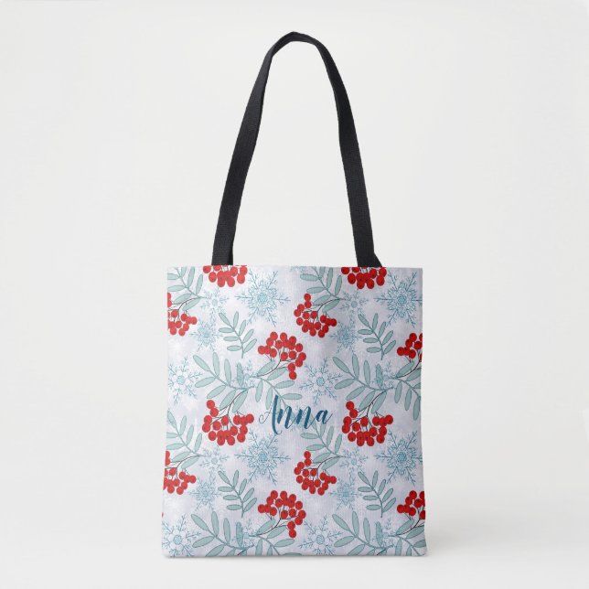 Bolsa Tote Natal, Rowan, vermelho, branco, flocos de neve (Frente)