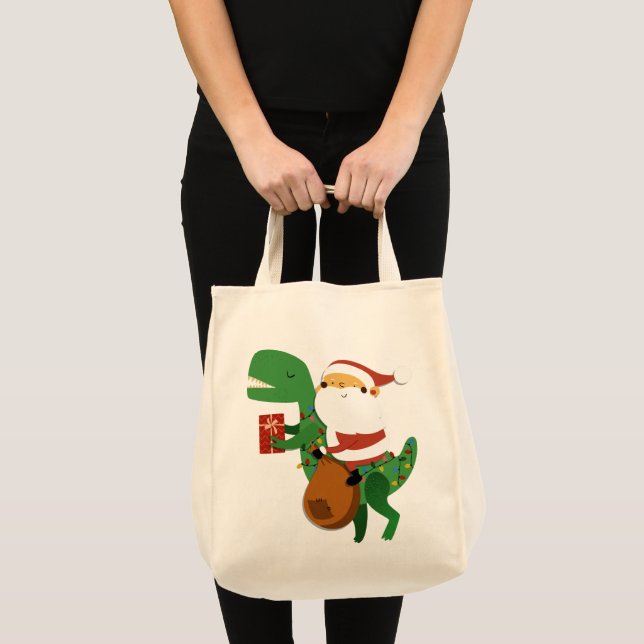 Bolsa Tote Natal Santa Claus T-rex Dinossaur Sleigh (Frente (produto))