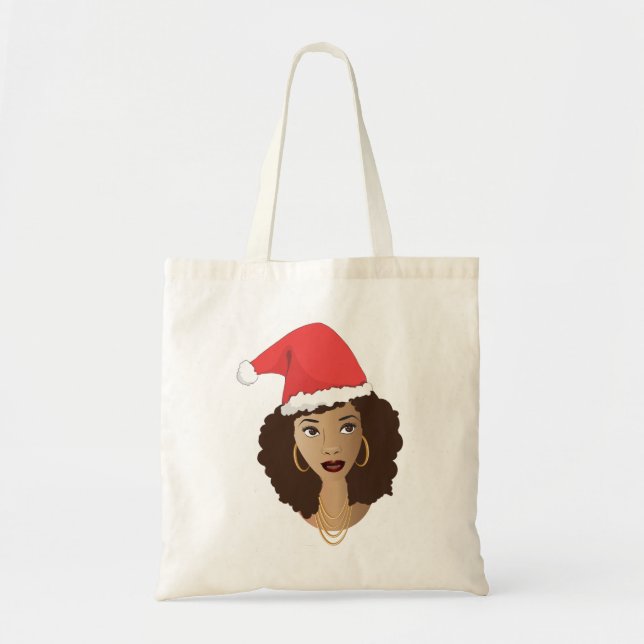 Bolsa Tote Natal Santa Hat, Mulher Negra, Cabelo Natural (Frente)