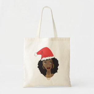 Bolsa Tote Natal Santa Hat, Mulher Negra, Cabelo Natural