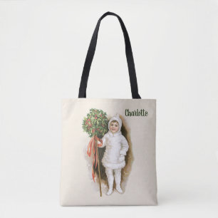 Bolsa Tote Natal Vintage, Garota Vitoriana com Azevinho