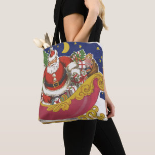 Bolsa Tote Natal Vintage, Papai Noel Alegre com Trenó