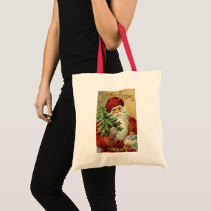 Bolsa Tote Natal vintage, Victorian Papai Noel com árvore