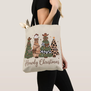 Bolsa Tote Natal Western Retro Árvore Cowboy Cowgirl Como vai