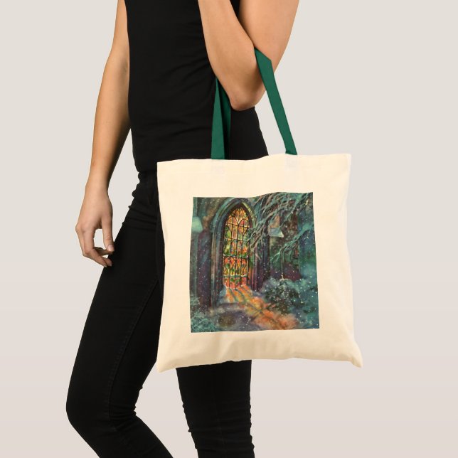 Bolsa Tote Natalina igreja vintage com vitral (Frente (produto))