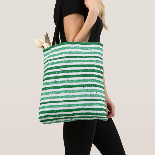 Bolsa Tote Nature Green White Horizontal Glitter Stripes (Close Up)