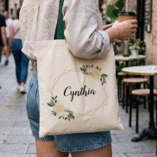 Bolsa Tote Nature Verde Marfim Dourado Floral Aquarela