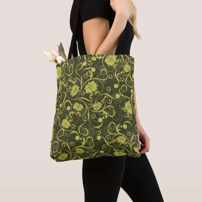 Bolsa Tote Natureza Negra e Verde Padrão Floral Ilustrado (Close Up)