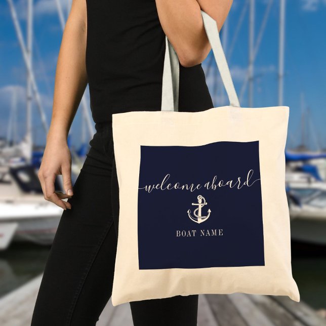 Bolsa Tote Náutica Anchor Boat Name Marinho Blue Welcome Aboa (Nautical Anchor Boat Name Navy Blue Welcome Aboard Tote Bag)
