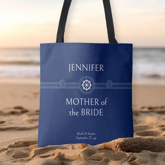 Bolsa Tote Náutica Festa Bridal do Casamento Mãe da Noiva (Nautical wedding blue tote bag to personalize for anyone in your wedding party)