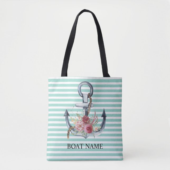Bolsa Tote Náutico, Flores Âncora Listras Verde Menta (Frente)