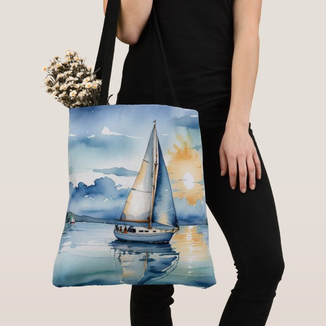 Bolsa Tote Nave-vela com aquarela em lago ao sol (Close Up)