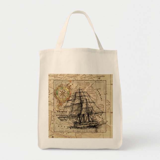 Bolsa Tote Navio Vintage e velho mapa europeu (Frente)
