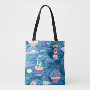 Bolsa Tote Navios e Faróis: Aquarela Infantil