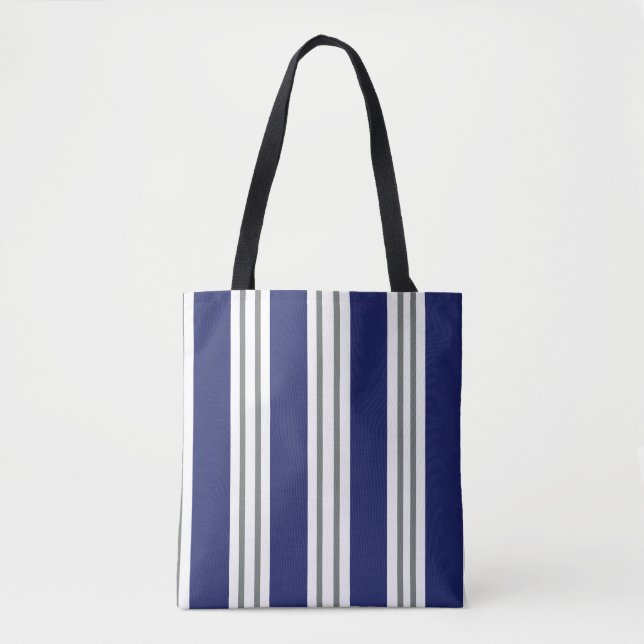 Bolsa Tote Navy Blue and White Coastal Stripes (Frente)