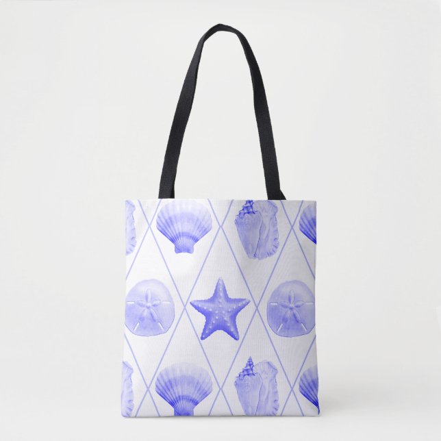 Bolsa Tote Navy Blue Coastal Seashells Starfish (Frente)