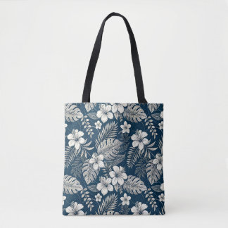 Bolsa Tote Navy Blue Hibiscus Monstera Tropical Botanical